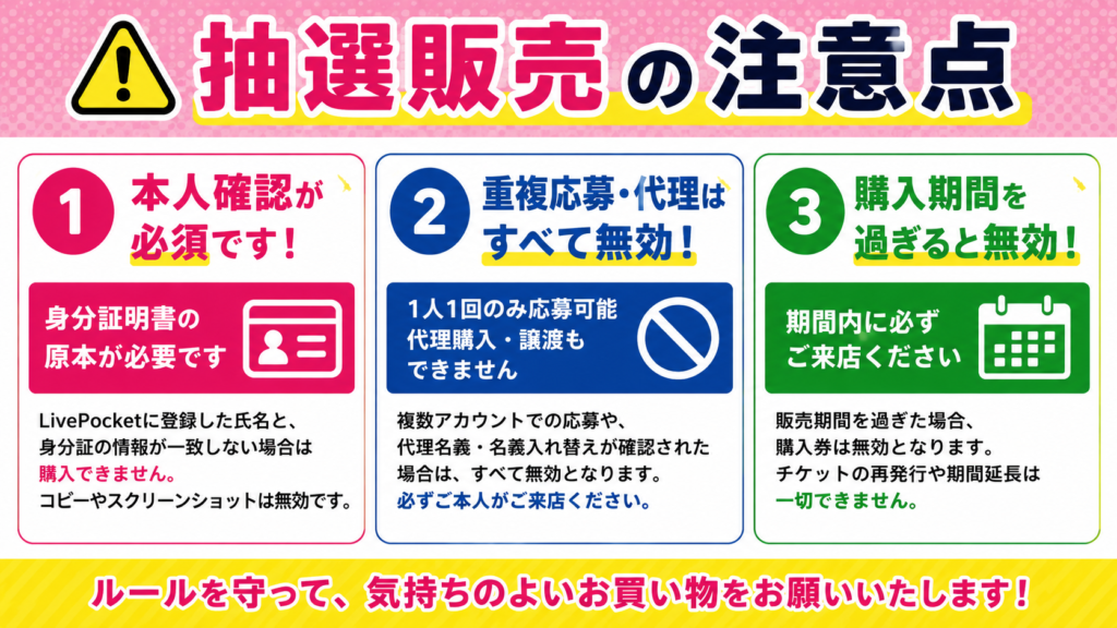 ちいかわボンボンドロップ抽選販売の注意事項をまとめた画像。本人確認必須、重複応募無効、購入期限切れ注意などを分かりやすく掲載した16:9画像。