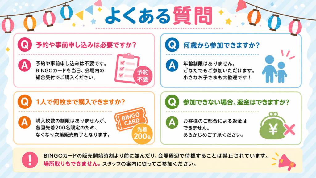 BINGO大会のよくある質問として、事前申込みの要否、参加年齢、購入枚数、返金可否などをまとめたQ&A画像