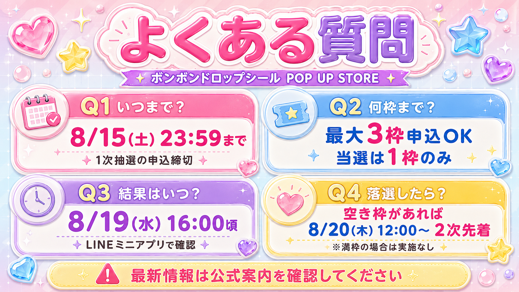 ボンボンドロップシールPOP UP STORE新宿マルイ アネックスのよくある質問。抽選締切、申込枠、当選発表、2次先着予約をまとめて解説