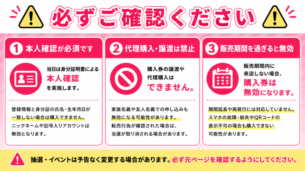 ちいかわボンボンドロップ抽選販売の本人確認や代理購入禁止など注意点をまとめた画像