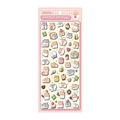 ボンボンドロップシール「はむすたー」の商品画像。ピンクのチェック柄台紙にハムスターとスイーツの立体シールを収録
