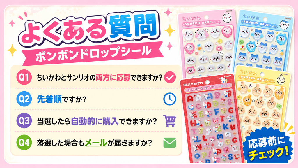 ロフトネットストアのちいかわ＆サンリオ ボンボンドロップシール抽選販売に関するよくある質問をまとめた画像