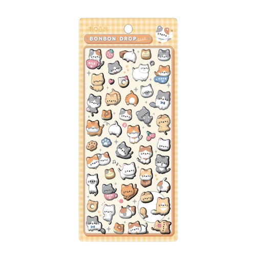 ボンボンドロップシール「にゃんこ」の商品画像。オレンジのチェック柄台紙にさまざまな猫の立体シールを収録