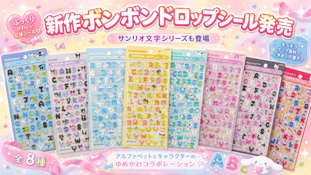 新作ボンボンドロップシール発売を紹介するサンリオ文字シリーズの集合画像