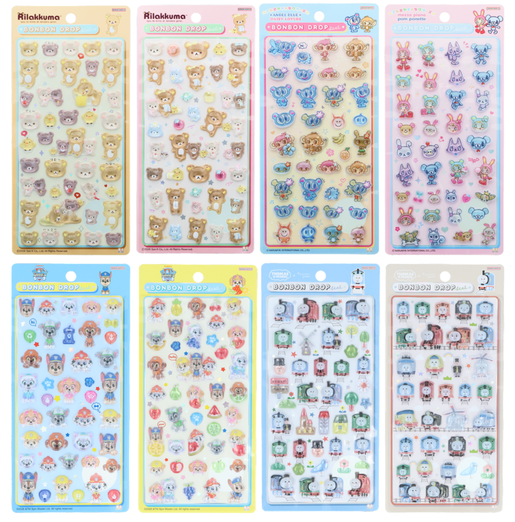 ボンボンドロップシール新作のリラックマ、ナルミヤキャラクターズ、きかんしゃトーマス、パウパトロールの商品画像一覧