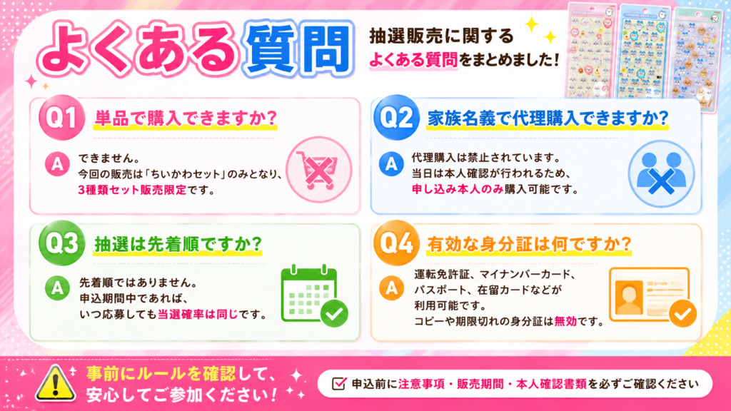 ボンボンドロップ抽選販売のよくある質問をまとめたポップなFAQ画像。単品購入可否や代理購入、抽選方式、有効な身分証について分かりやすく掲載されている。