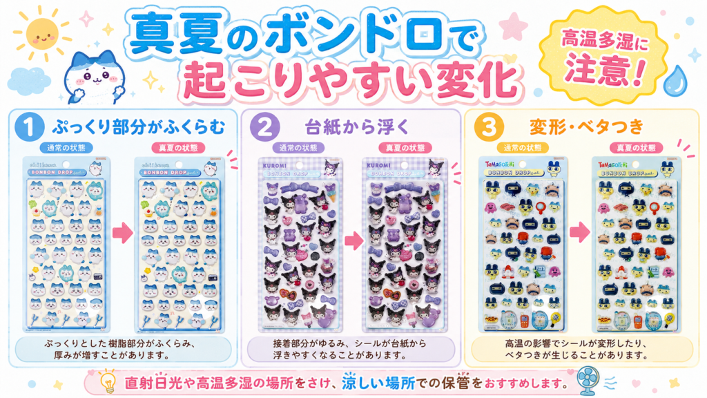 真夏のボンドロで起こりやすい、ぷっくり部分の膨張・台紙からの浮き・変形やベタつきを比較して解説した画像
