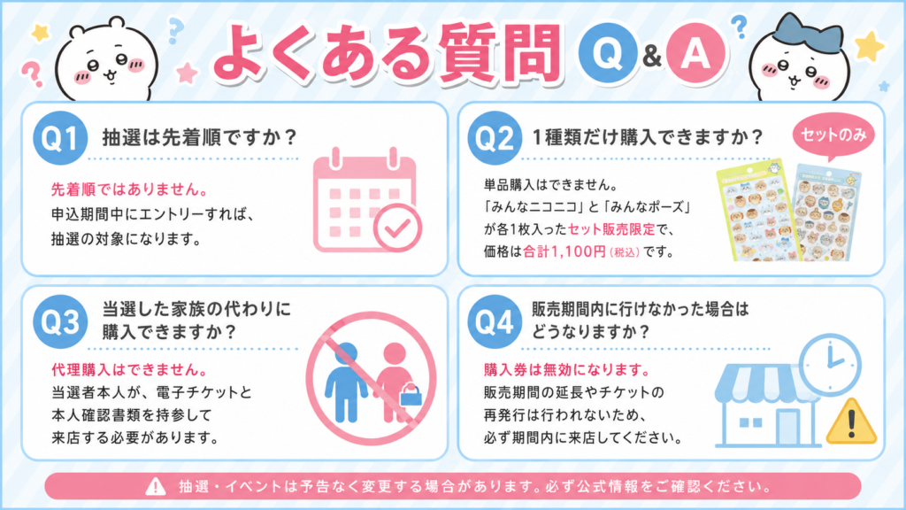 ちいかわボンボンドロップシール抽選販売の申込順、セット販売、代理購入不可、購入期限を4つの項目で解説したFAQ画像
