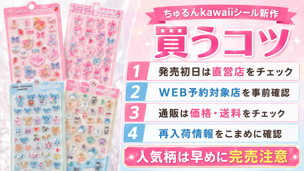 ちゅるんkawaiiシール新作を購入するための事前予約や通販、購入制限などのコツをまとめた画像
