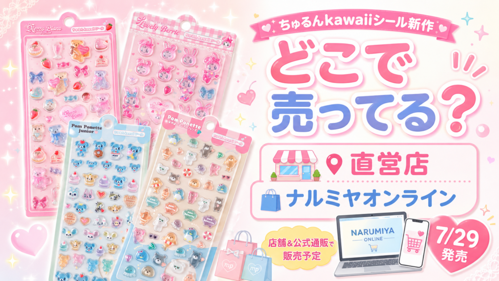ちゅるんkawaiiシール新作の販売先となる直営店とナルミヤオンラインを紹介する画像