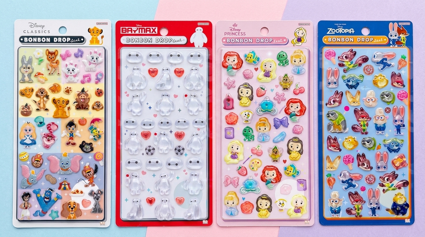 パステルカラーの背景に、ディズニーのキャラクターが描かれた4種類の「BONBON DROP seal」ぷっくりシールシートがパッケージに入った状態で横一列に並んでいます。左から順に、「Disney CLASSICS」（ダンボ、ピーターパンなど）、「BAYMAX」（ベイマックス）、「Disney PRINCESS」（アリエル、ベルなど）、「ZOOTOPIA」（ジュディ、ニックなど）のセットです。