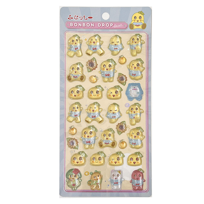 ふなっしーやヒマワリなどがデザインされた、ふなっしーボンボンドロップシールのパッケージ画像