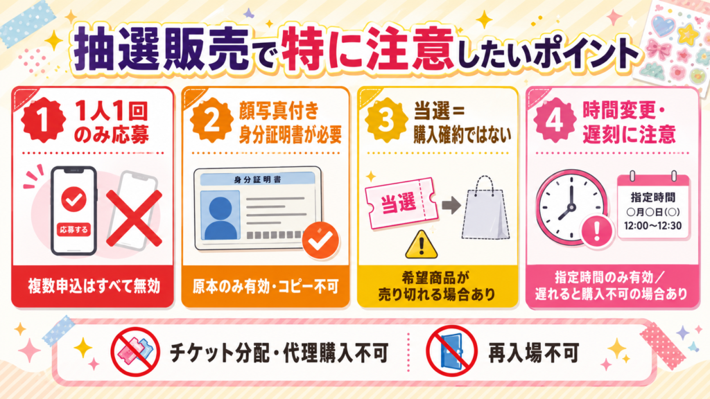 池袋ロフトのボンボンドロップシール抽選販売について、購入保証、代理購入、購入できる種類数、8月7日のフリー販売に関するよくある質問をまとめた画像