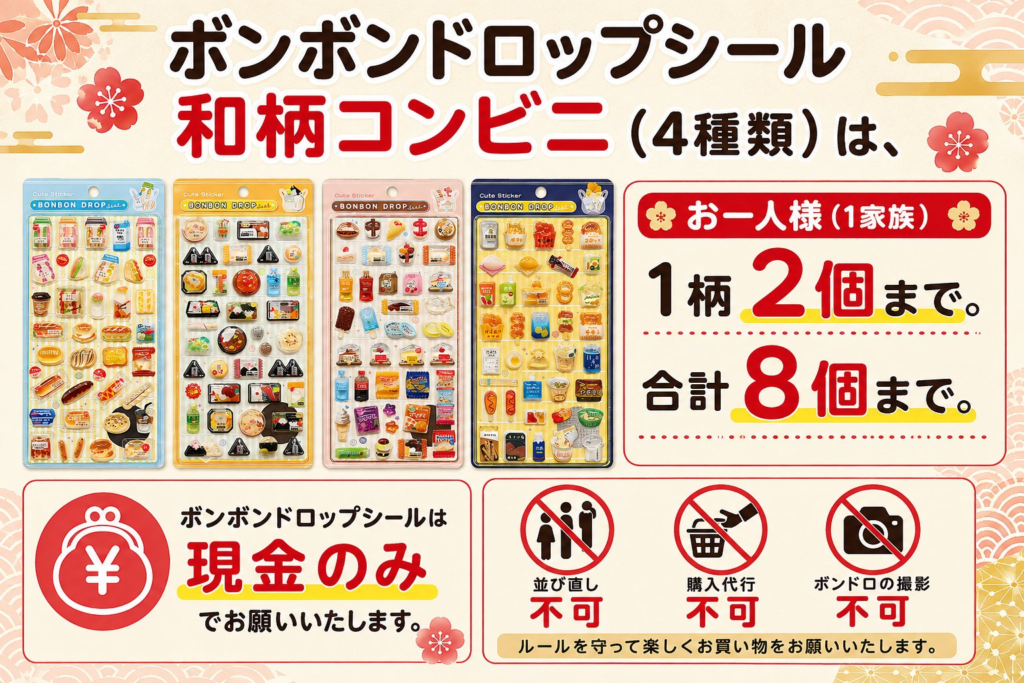 「和柄コンビニ4種類」を8/11 13:00から販売開始すると公式告知。長時間並ばないよう注意書きあり。