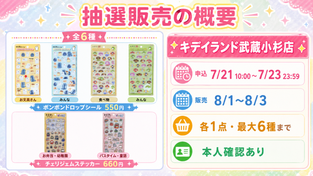 キデイランド武蔵小杉店のお文具といっしょ・お茶犬立体シール抽選販売の申込期間、販売日、購入上限、本人確認をまとめた概要