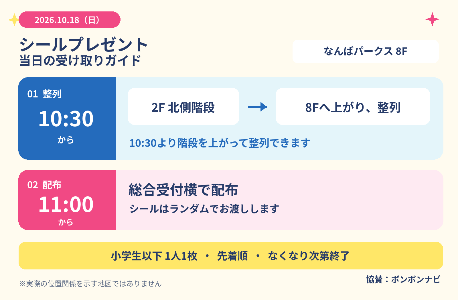 10時30分から2F北側階段を上がり8Fに整列、11時から総合受付横でシール配布
