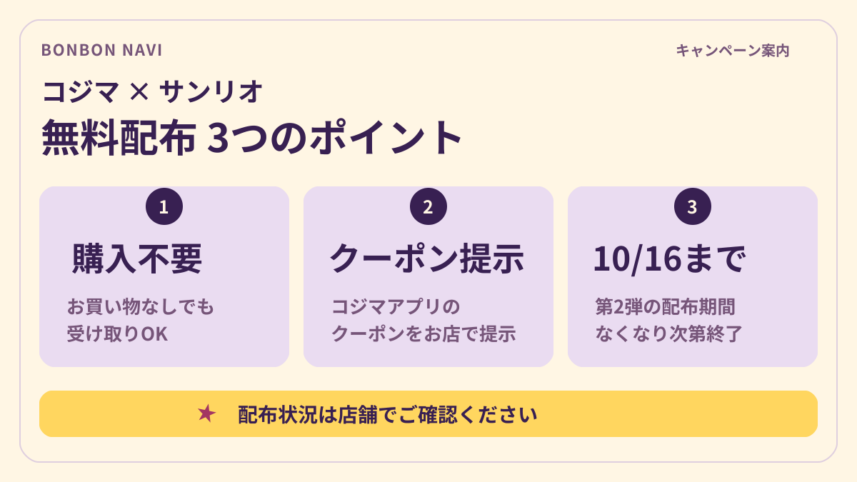 無料配布の3つのポイント。購入不要、コジマアプリのクーポン提示、第2弾は10月16日まで。なくなり次第終了