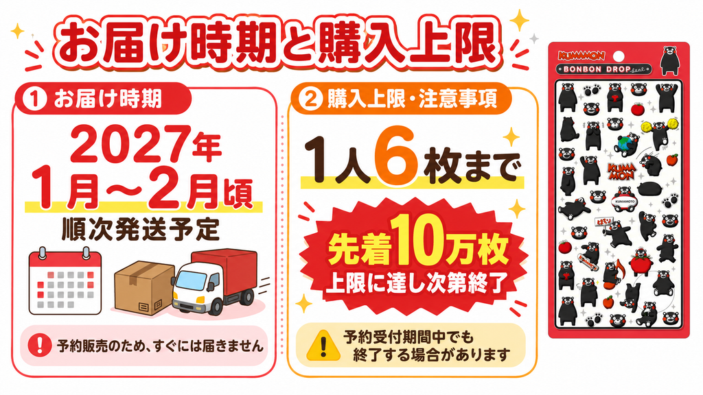 くまモンのボンボンドロップシールのお届け時期2027年1月〜2月頃と1人6枚までの購入上限を案内する画像