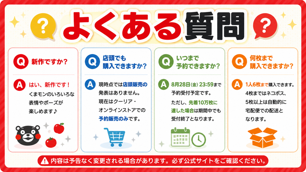 くまモンの新作ボンボンドロップシールの予約販売に関するよくある質問をまとめた画像
