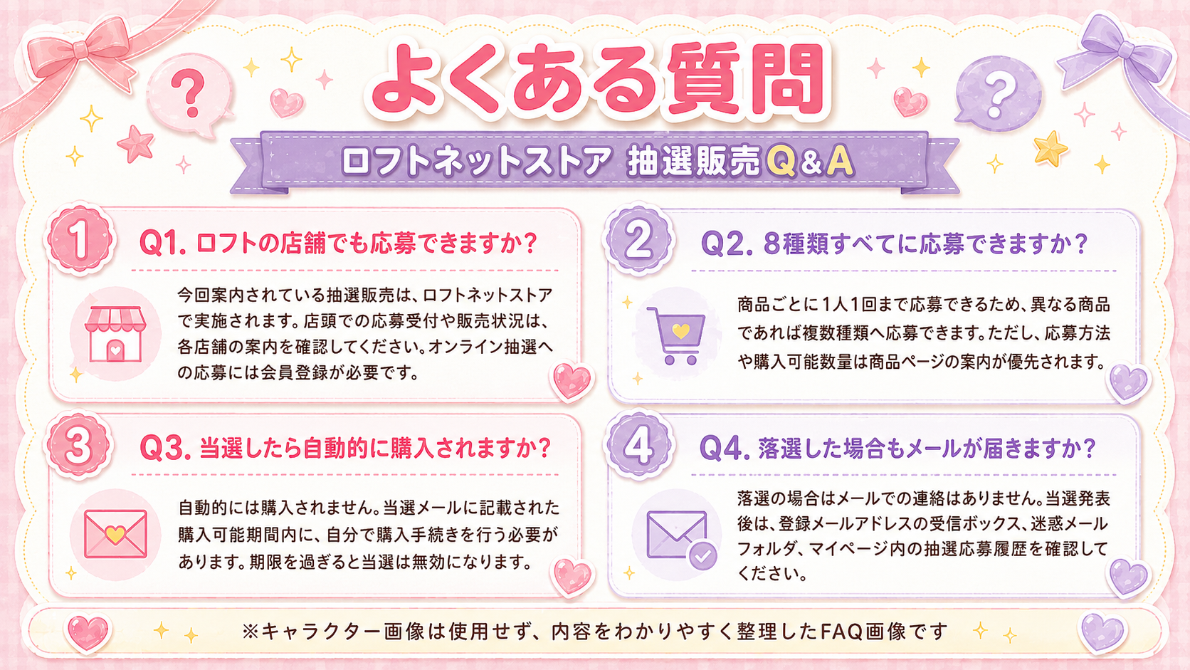 ロフトネットストアのボンボンドロップシール抽選販売について、店頭応募、全8種への応募、当選後の購入手続き、落選時の連絡をまとめたよくある質問画像