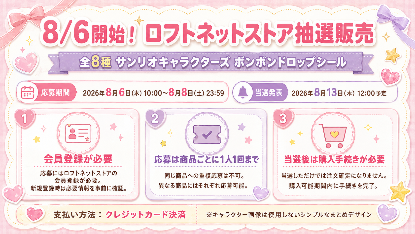 ロフトネットストアで実施されるサンリオキャラクターズ ボンボンドロップシール全8種の抽選販売について、応募期間、当選発表日、会員登録、応募回数、当選後の購入手続きをまとめた画像