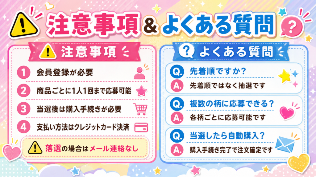 ロフトネットストアのボンボンドロップシールもじシリーズ抽選販売の注意事項とよくある質問をまとめた画像