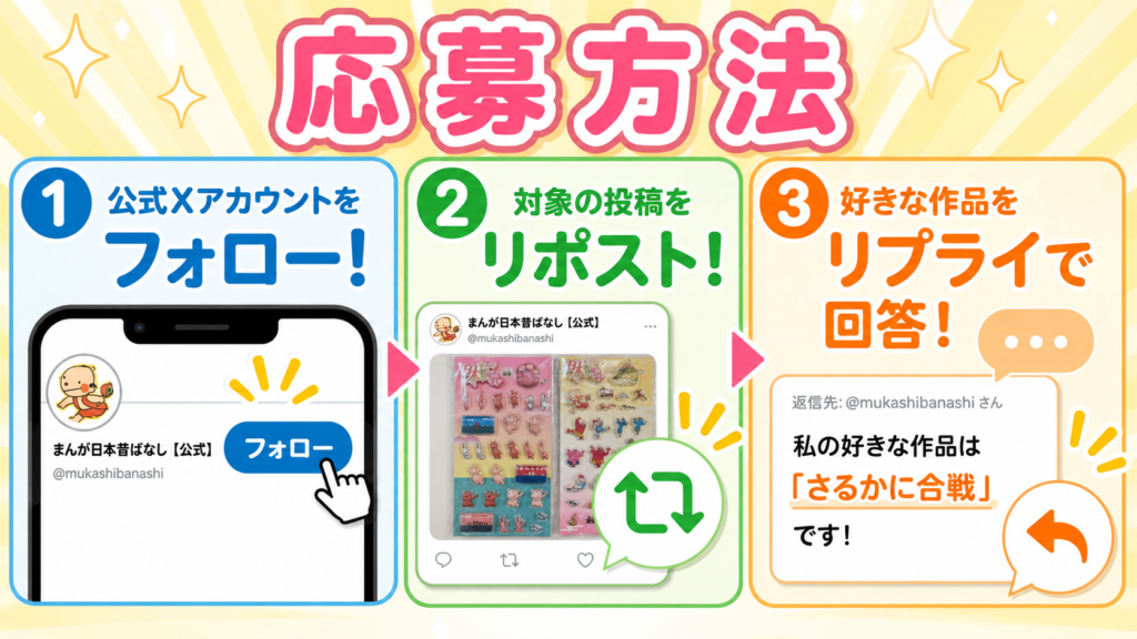 まんが日本昔ばなし公式Xをフォローし、対象投稿をリポストして好きな作品をリプライする応募方法