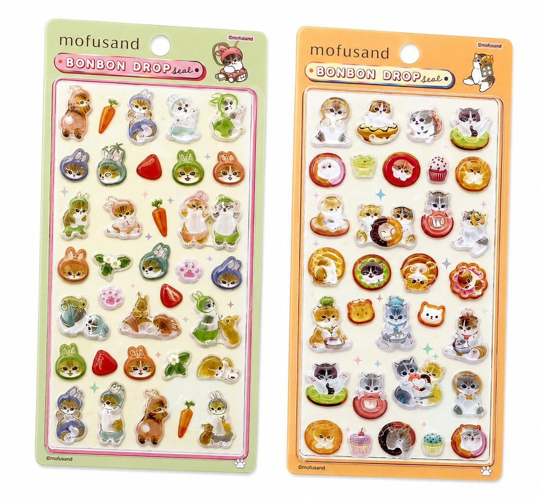 mofusand ボンボンドロップシール新作のパッケージと台紙デザイン