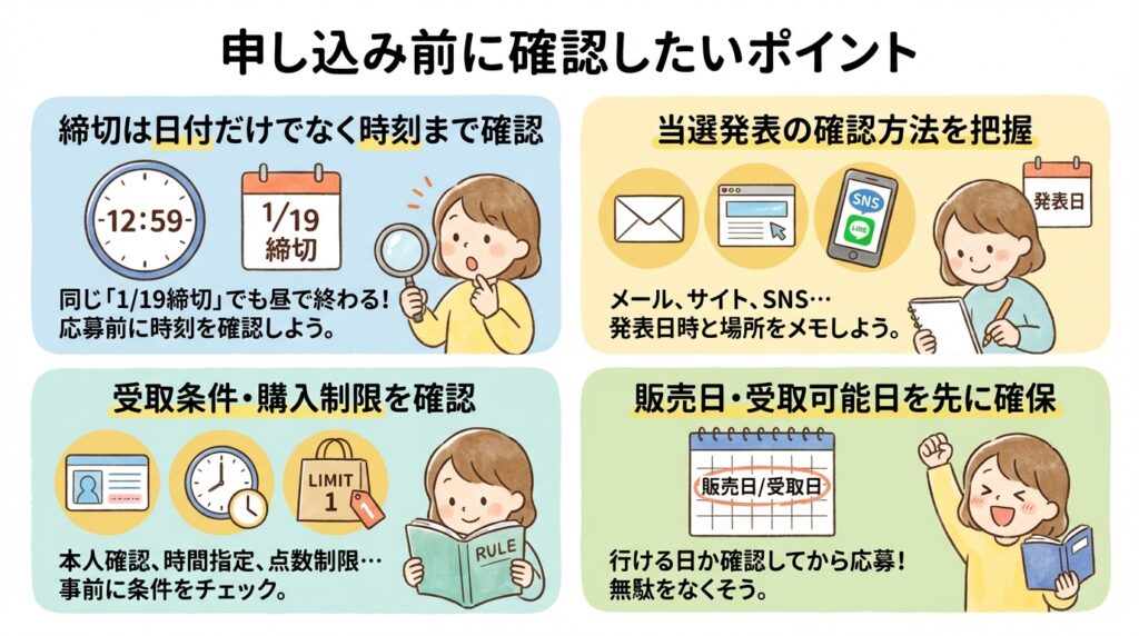 抽選や申し込み前に確認したいポイントをまとめた図。締切日時の確認、当選発表方法の把握、受取条件や購入制限の確認、販売日や受取可能日の事前確保についてイラスト付きで説明している。