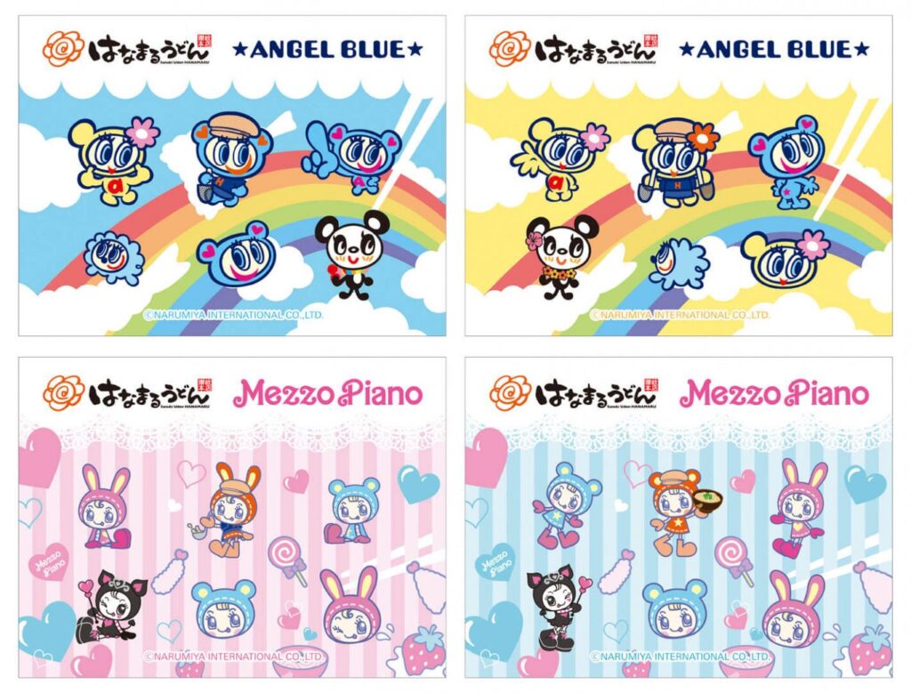 はなまるうどん×ナルミヤキャラクターズコラボで配布されるぷっくりシール全4種。ANGEL BLUEのナカムラくんとmezzo piano juniorのベリエちゃんが描かれた限定デザイン。