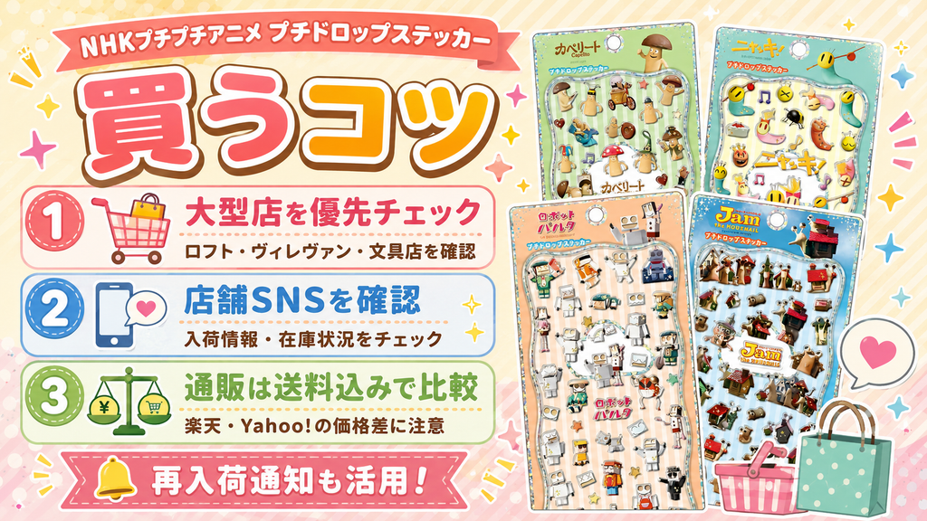NHKプチプチアニメ プチドロップステッカー新作を買うコツ。大型店や店舗SNS、通販の価格比較、再入荷通知を紹介