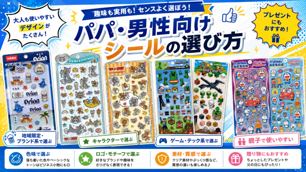 パパ・男性向けシールの選び方を解説する画像。色味、ロゴ、モチーフ、ゲーム系、親子で使いやすいデザインのポイントをまとめている。
