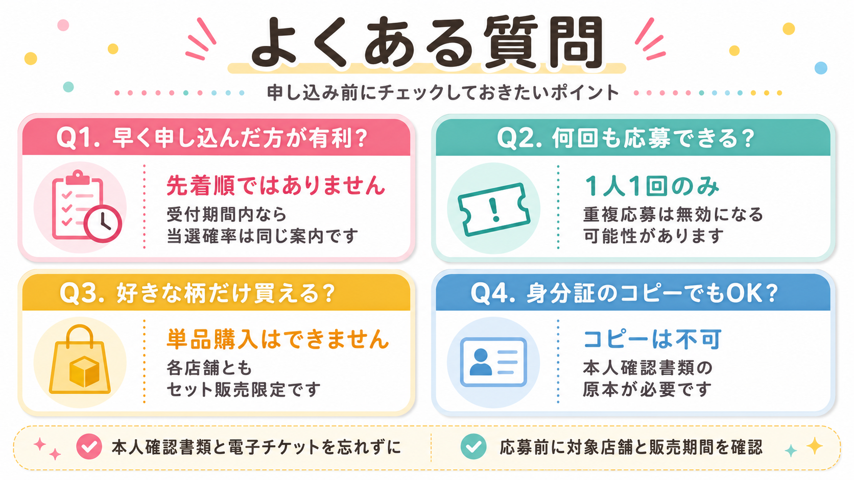 パーティリコ関東3店舗のボンボンドロップシール抽選販売に関するよくある質問。先着順ではないこと、応募は1人1回、単品購入不可、本人確認書類は原本が必要と案内。