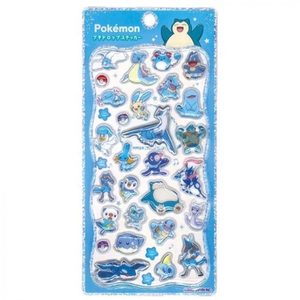ポケモン プチドロップステッカー ブルー。カビゴン、ラプラス、マリル、ワニノコ、ミズゴロウ、ポッチャマなど青系・みずタイプのポケモンを集めたデザイン