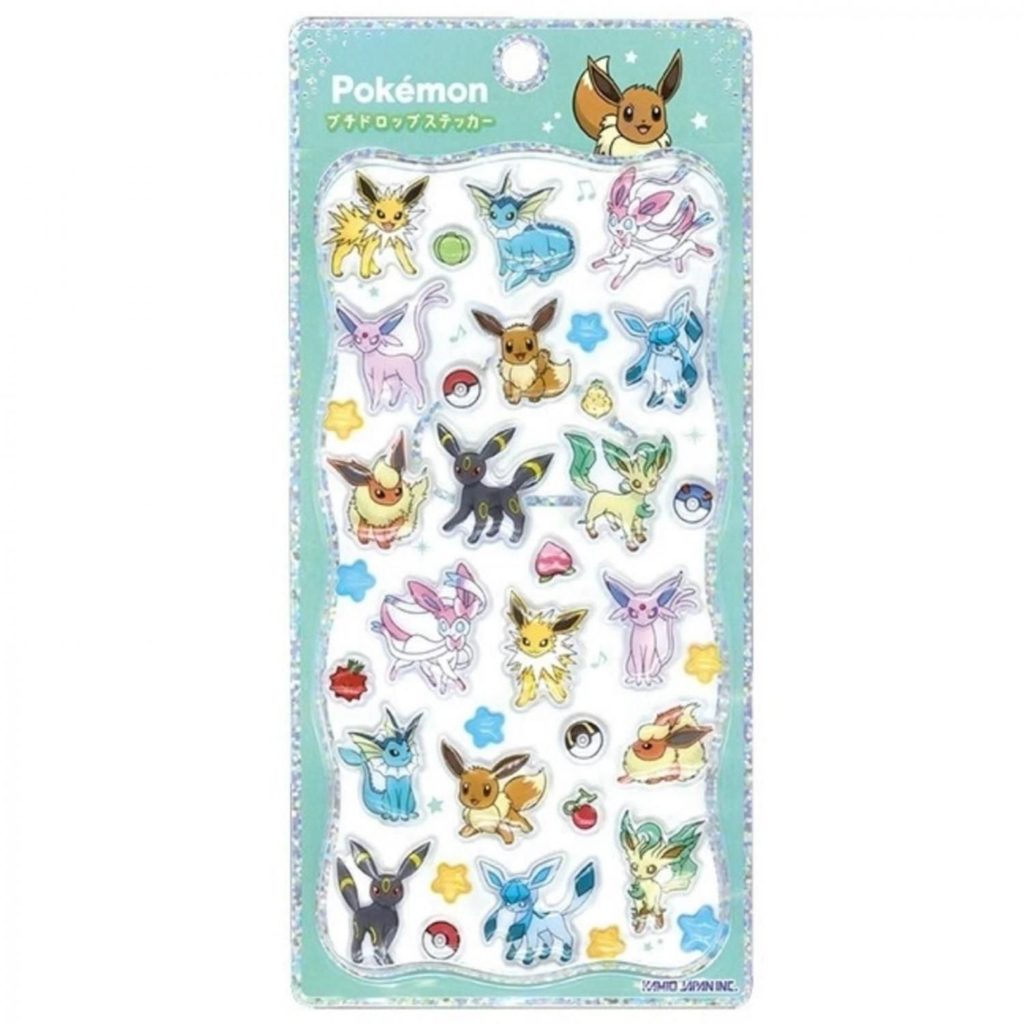 ポケモン プチドロップステッカー イーブイ。イーブイとシャワーズ、サンダース、ブースター、エーフィ、ブラッキー、リーフィア、グレイシア、ニンフィアを集めたデザイン