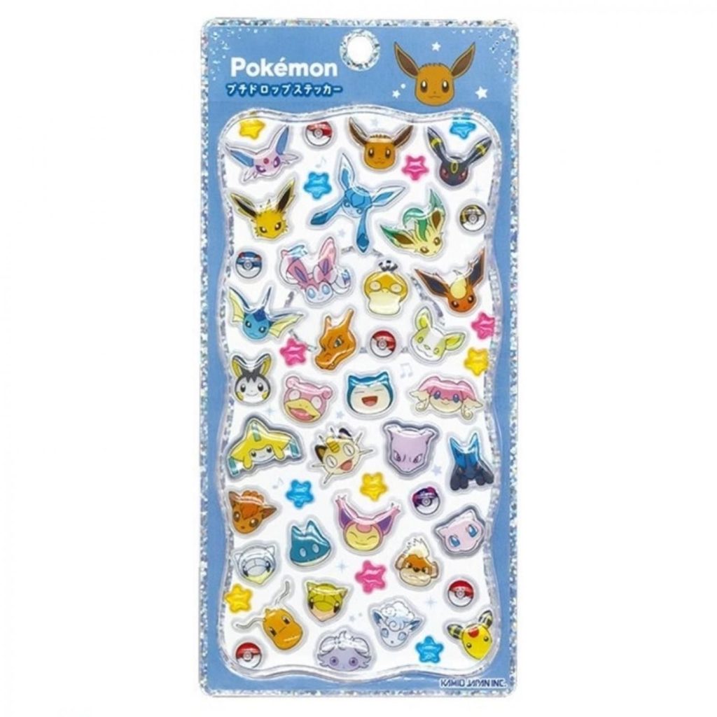 ポケモン プチドロップステッカー フェイス2。イーブイとその進化形をはじめ、さまざまなポケモンの顔を多数集めたデザイン