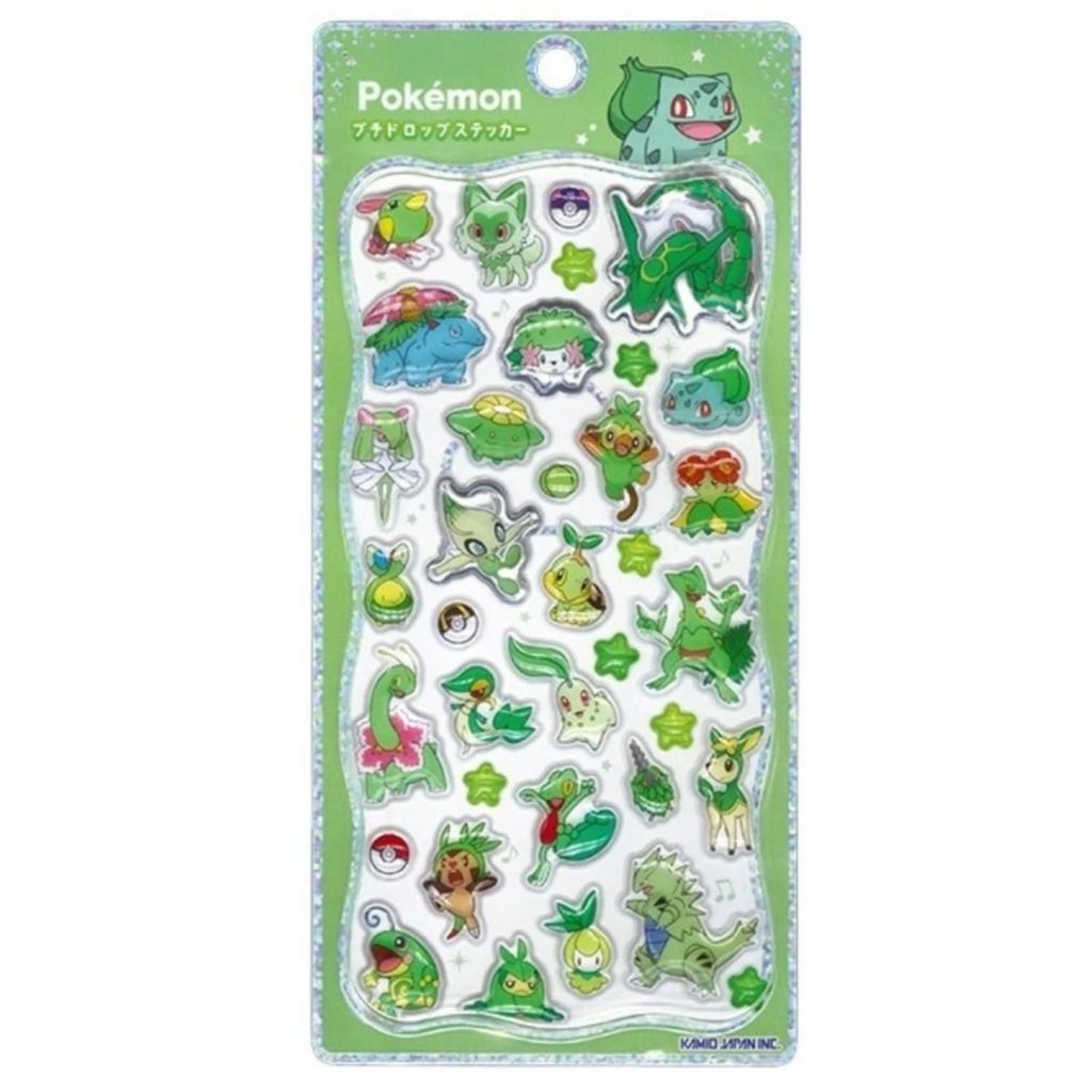 ポケモン プチドロップステッカー グリーン。フシギダネ、レックウザ、セレビィ、キモリ、チコリータなど緑系・くさタイプのポケモンを集めたデザイン