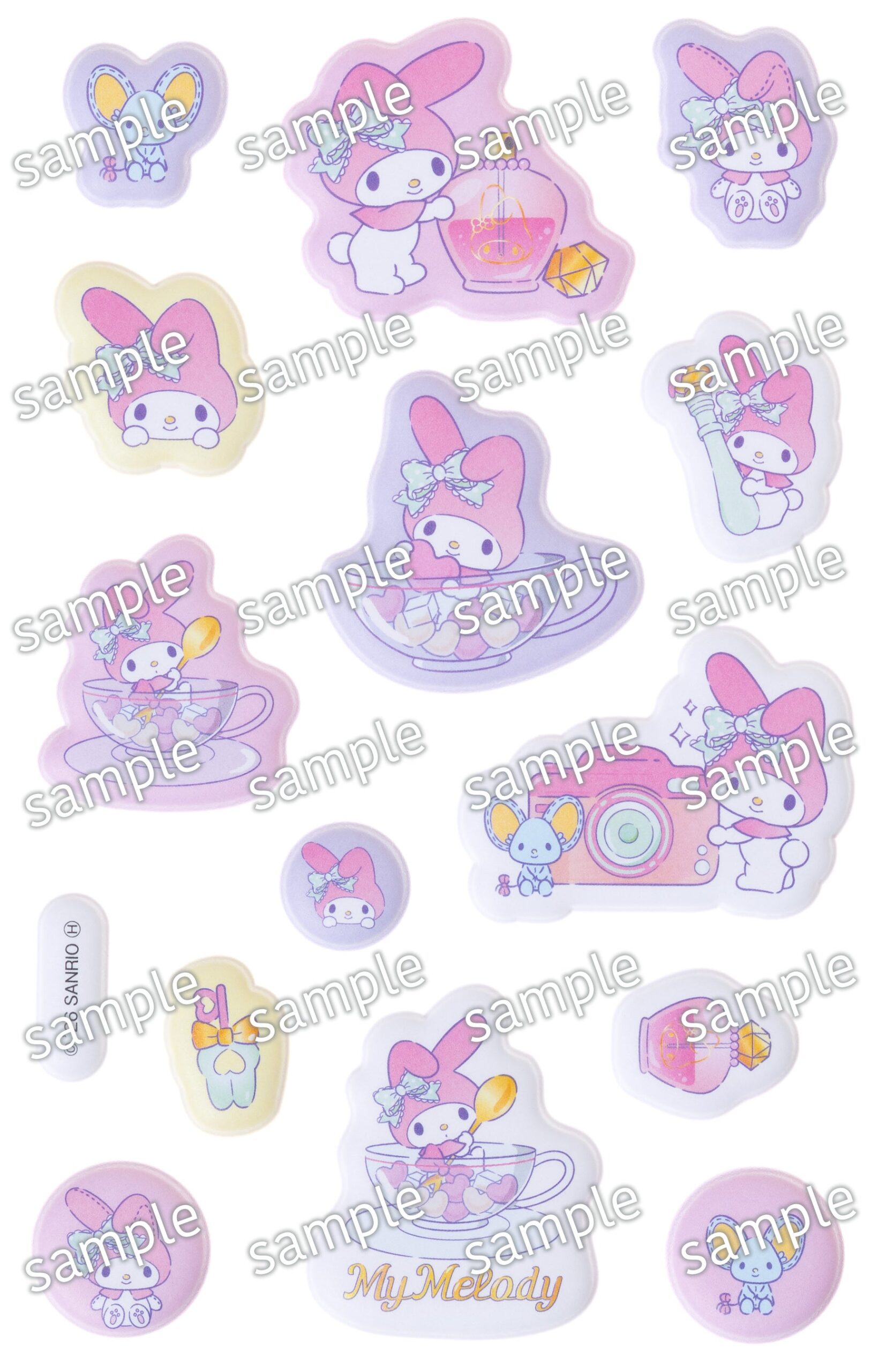 マイメロディのぷっくりシールシート。ティーカップやフラットくんのモチーフ