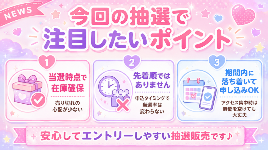サンリオちゅるきら抽選で注目したい在庫確保や先着順ではない点をまとめた画像