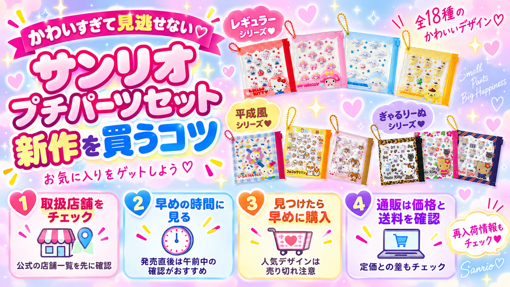 サンリオ プチパーツセット新作を買うコツをまとめた画像。取扱店舗の確認、早めの来店、見つけたら早めに購入、通販価格や送料の確認ポイントを紹介したバナー