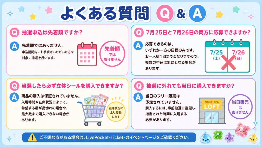 渋谷ロフトの立体シール抽選販売について先着順、両日応募、購入保証、当日販売の有無をまとめたよくある質問画像