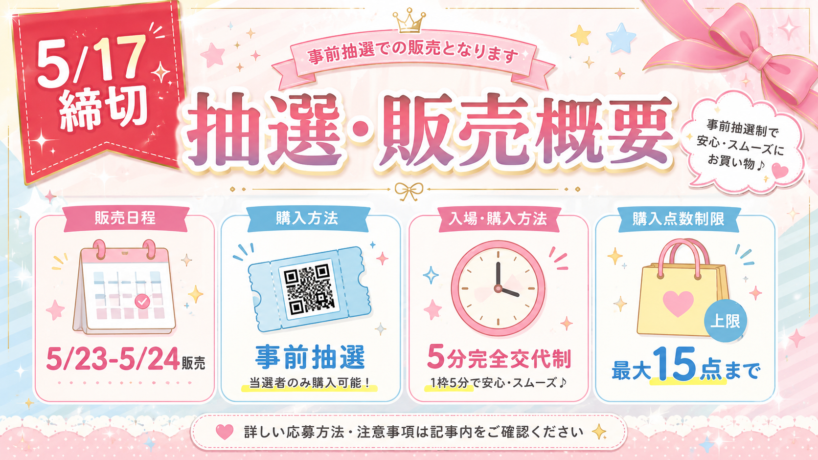 5月17日締切の事前抽選販売について販売日程、購入方法、入場方法、購入点数制限をまとめた概要画像