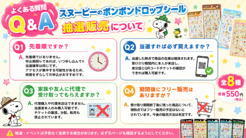 スヌーピー ボンボンドロップシール抽選販売のよくある質問をまとめたQ&A画像
