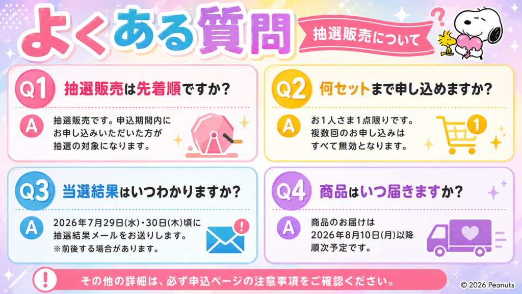スヌーピーのボンボンドロップシール抽選販売に関するよくある質問をまとめた画像