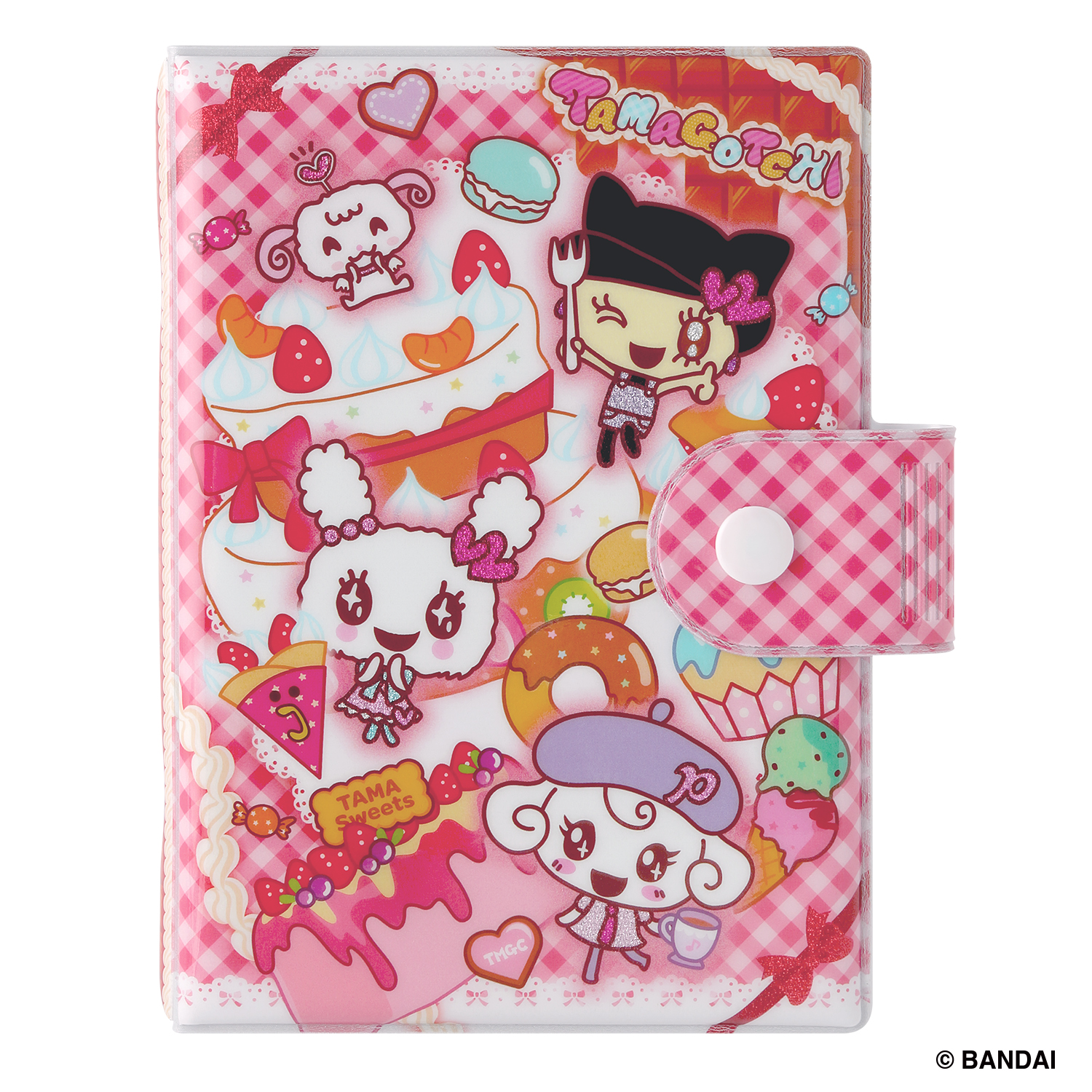 たまもりしーる帳セットたまスイーツver.のパッケージ画像、パステルカラーのスイーツとたまごっちがデザインされたシール帳