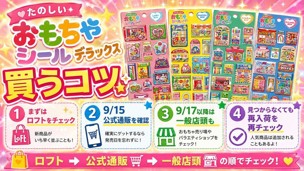 たのしいおもちゃシールデラックスを買うコツを紹介する画像。ロフト、公式通販、一般店頭、再入荷チェックのポイントを掲載