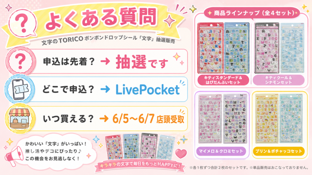 ボンボンドロップシールサンリオmojiの申込方法と抽選スケジュールをまとめたFAQ用画像