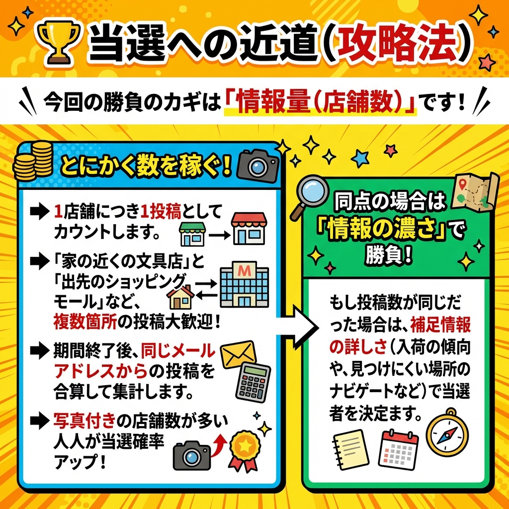 当選への近道（攻略法）。今回の勝負のカギは「情報量（店舗数）」です！とにかく数を稼ぐことが重要で、1店舗につき1投稿としてカウントされます。家の近くや出先など複数箇所の投稿も大歓迎。期間終了後に同じメールアドレスからの投稿を合算し、写真付きの店舗数が多い人が当選確率アップとなります。もし投稿数が同点の場合は「情報の濃さ」で勝負となり、入荷の傾向や見つけにくい場所のナビゲートなど、補足情報の詳しさで当選者を決定します